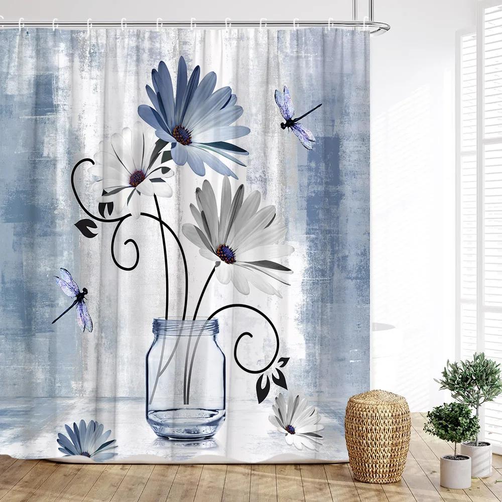 Floral Shower Curtain, Farm Daisy Dragonfly Rustic Wood Paneling Inspirational Quotes Butterfly Turquoise Home Bathroom Decor