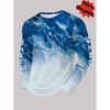Blue and White Gradual Change Long Sleeves, Marble Texture SPORTS Print Crew Neck T-shirt