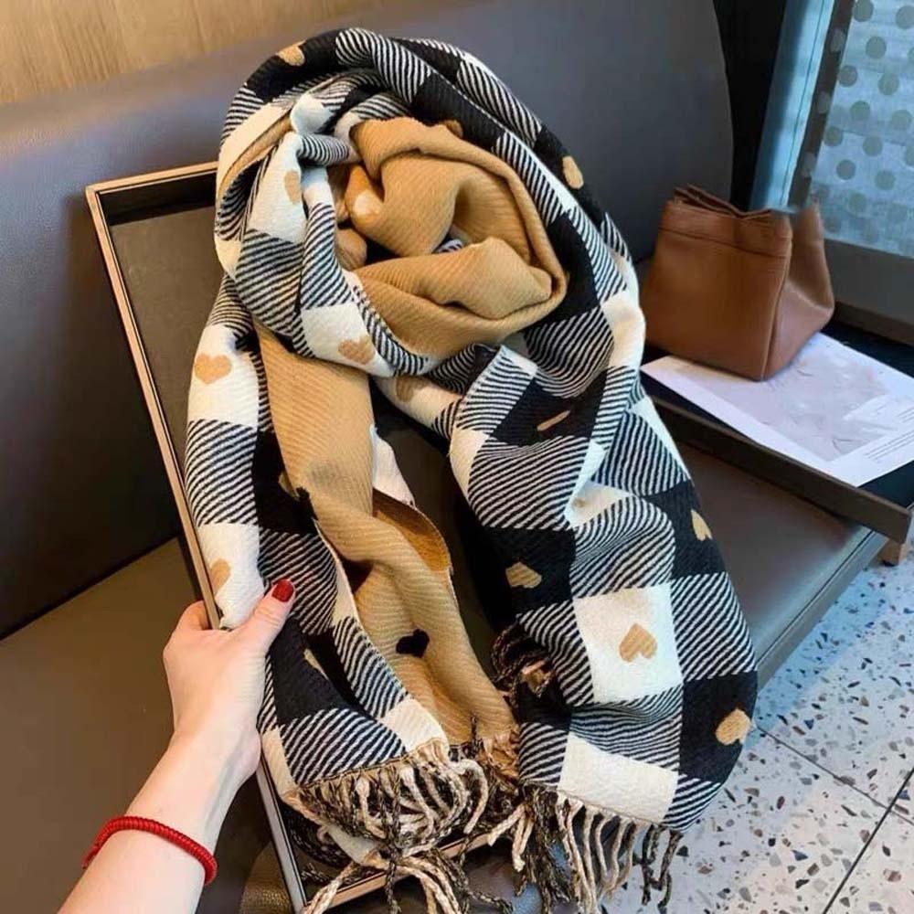 Warmer Plaid Knitted Scarf Long Tassel Shawl Large Heart Thickened Scarf Women