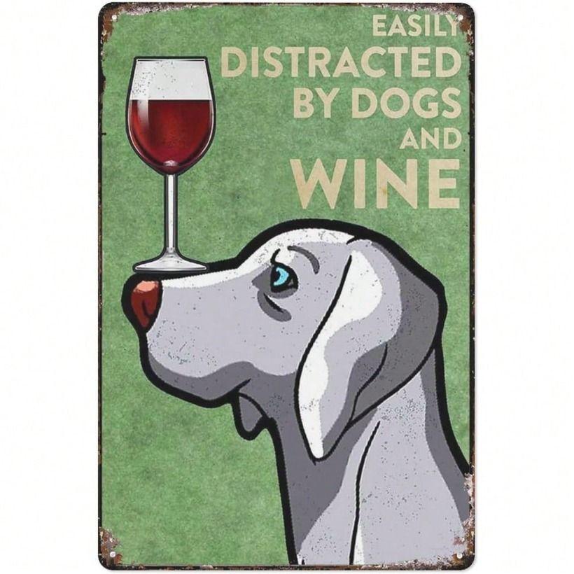 

Vintage Metal Poster Wall Art, Dog Drinking Wine Sign for Bar Gift