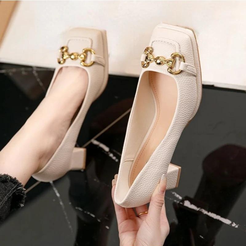 Women's New Medium Heel Shoes, Square Thick Heel Shoes, French Style, Black and Green