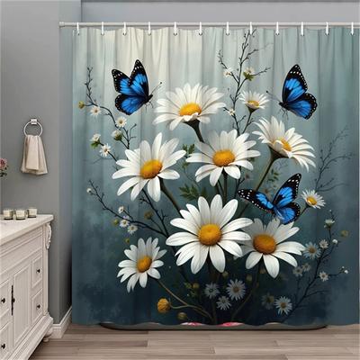 1pc Floral & Butterfly Shower Curtain - Polyester, Fashion Theme, 12 Hooks, Washable, 70.8x70.8", Easy Installation