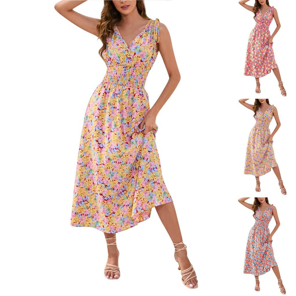 Women's Summer Floral Print Dress Fashion Sleeveless Beach Dress