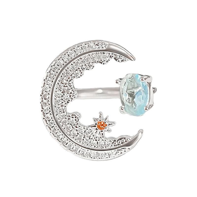 Micro-Inlaid Zircon Moon Star Colored Treasure Open Ring Niche Temperament Light Luxury High-End Butterfly Flower Ring Woman