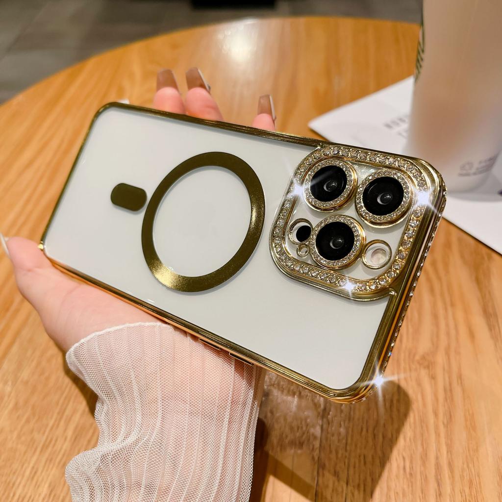 Color diamond mobile phone case Magnetic flash drill mobile phone case Edge drill, suitable for 14PROMAX lens electroplating magnetic mobile phone ca