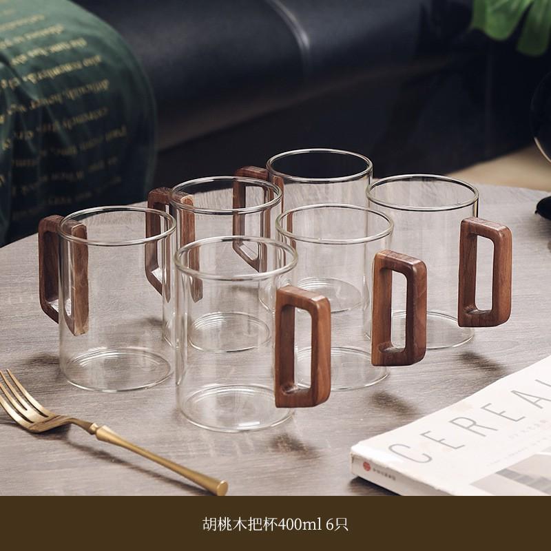 Heat-Resistant Glass Tea Cup Set With Wooden Handle Home Living Room Serving Guest Drinking