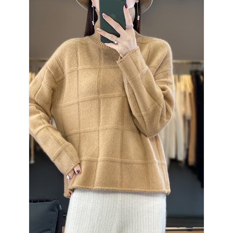 

Retro versatile plaid turtleneck sweater women s loose pullover long-sleeved top autumn and winter outer wear fashionable and simple style 46-81 (average size) хакі