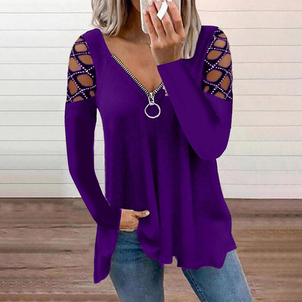 2026 V-Neck Solid Color Hollow Sleeve Drilled Casual Women's Top