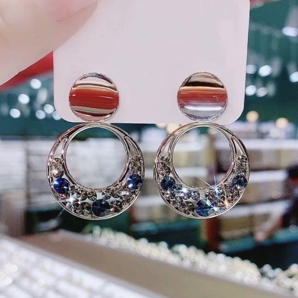 New Round Silver Colour Inlaid Blue Crystal Earrings Women's Personality Fashion Earrings Wedding Jewelry Birthday Gifts