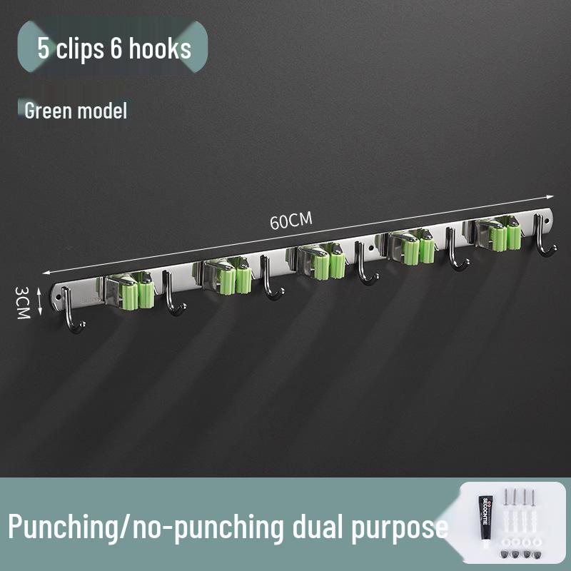 Stainless Steel Punch-Free Mop Holder with Black & Green Clips for Bathroom or Balcony Storage