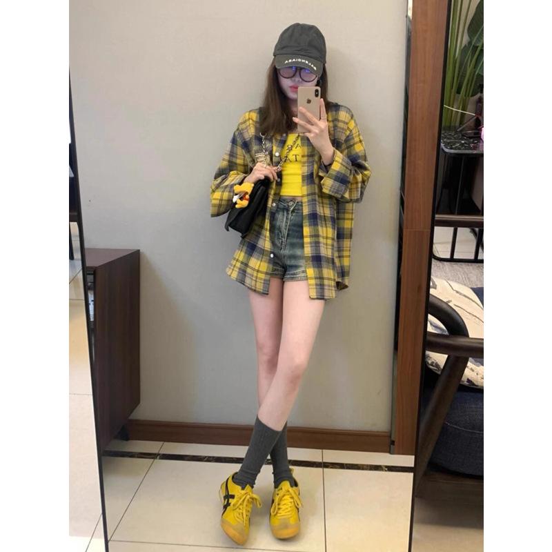 2024 Autumn Women's Versatile Egg Yellow Checkered Patchwork Long Sleeve Jacket