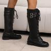 Plus Size Kors Snörning Sidodragkedja Street Trend Knähöga Stövlar Låg Klack Rund Tå Dubbel Rad Spännen Klassiska Dam Långskaftade Stövlar