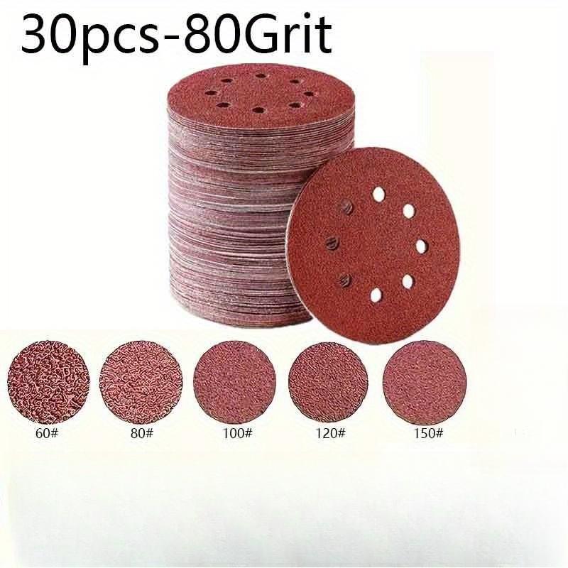 30PCS 5 inch (125mm) round sandpaper, 8-hole sanding sandpaper, 60/80/100 mesh, suitable for polishing