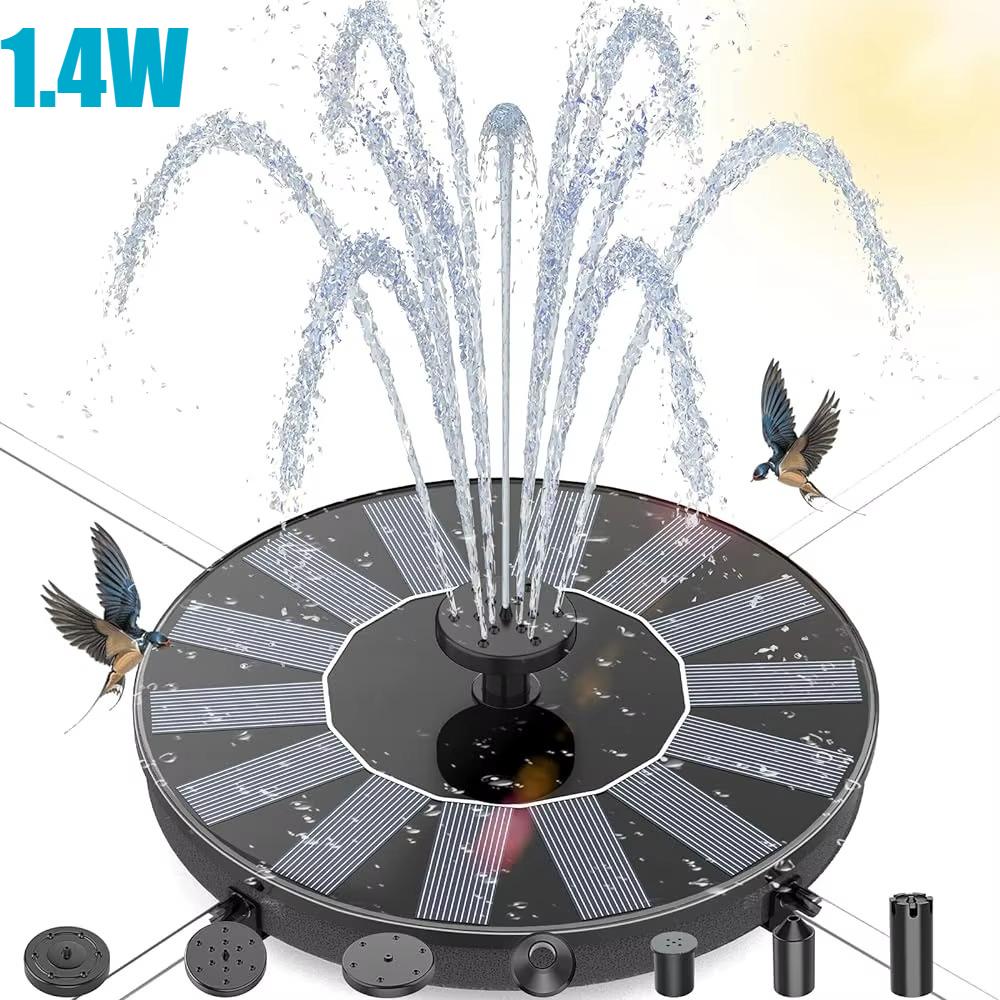 Outdoor Solar Fountain, Solar Water Fountain with 6 Nozzles Various Water Features and 4 Stabilizing Bar, DIY Garden Bird Bath