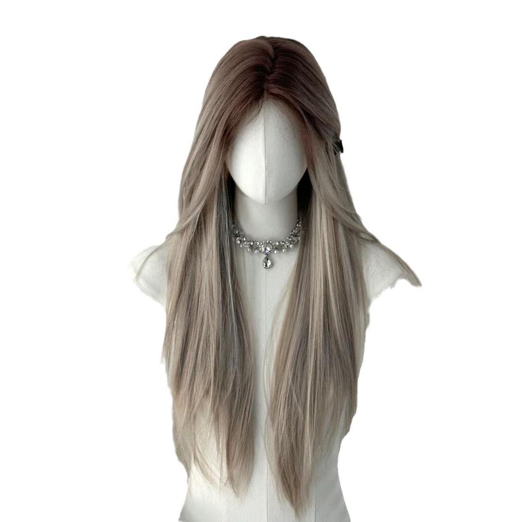 Asijská dlouhá rovná krajková paruka s přední částí - Gradientně barvená středová pěšinka, Krytí celé hlavy, Přirozený vzhled pro ženy