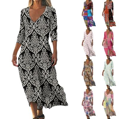 Dresses For Womens Vintage Print Tunic Waisted Midi Dress Summer Casual  3/4 Sleeve Dress