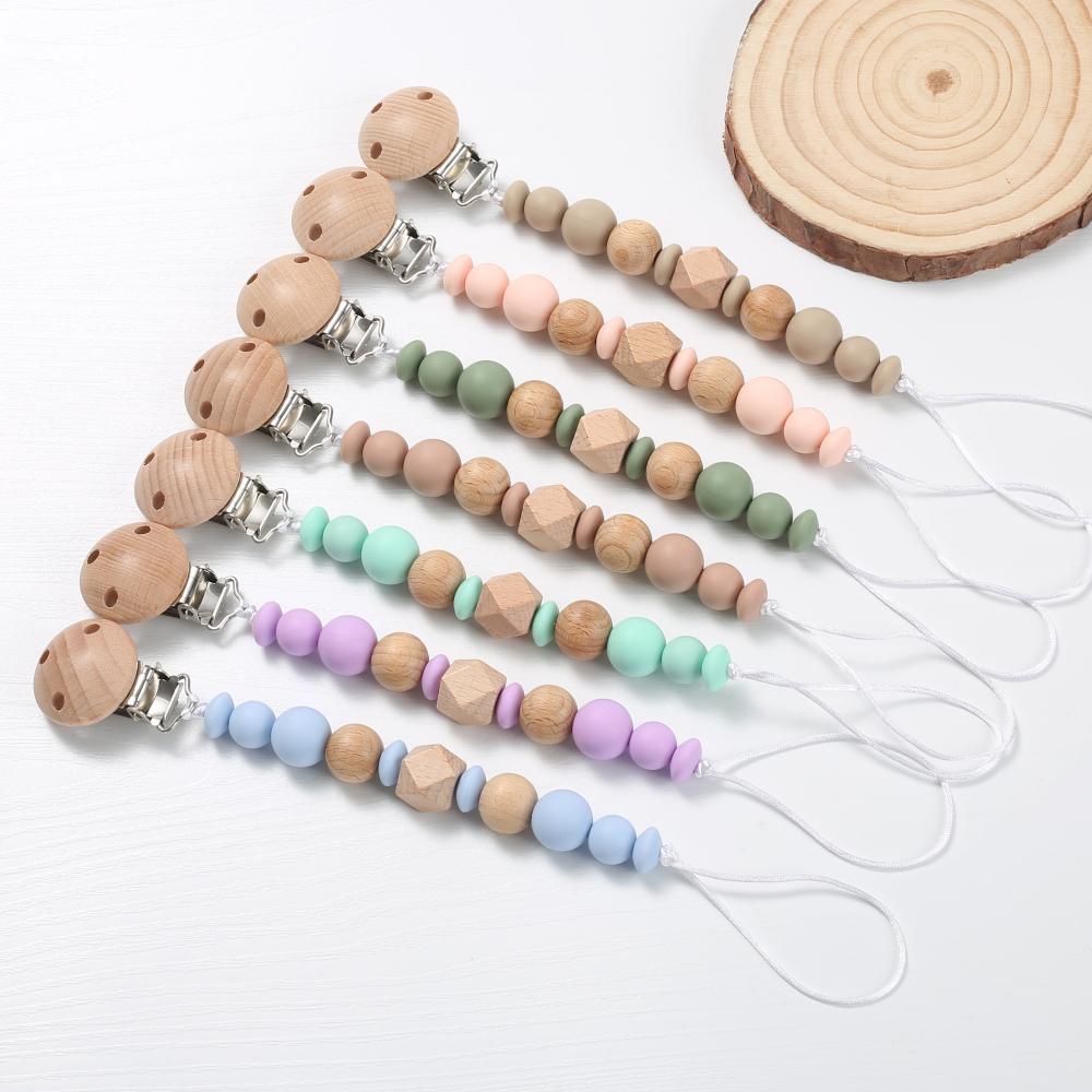 New Baby Pacifier Chain Clips Wood Silicone Round Octagonal Beads Teething Chain For Infant Appease Soother Dummy Holder Clip