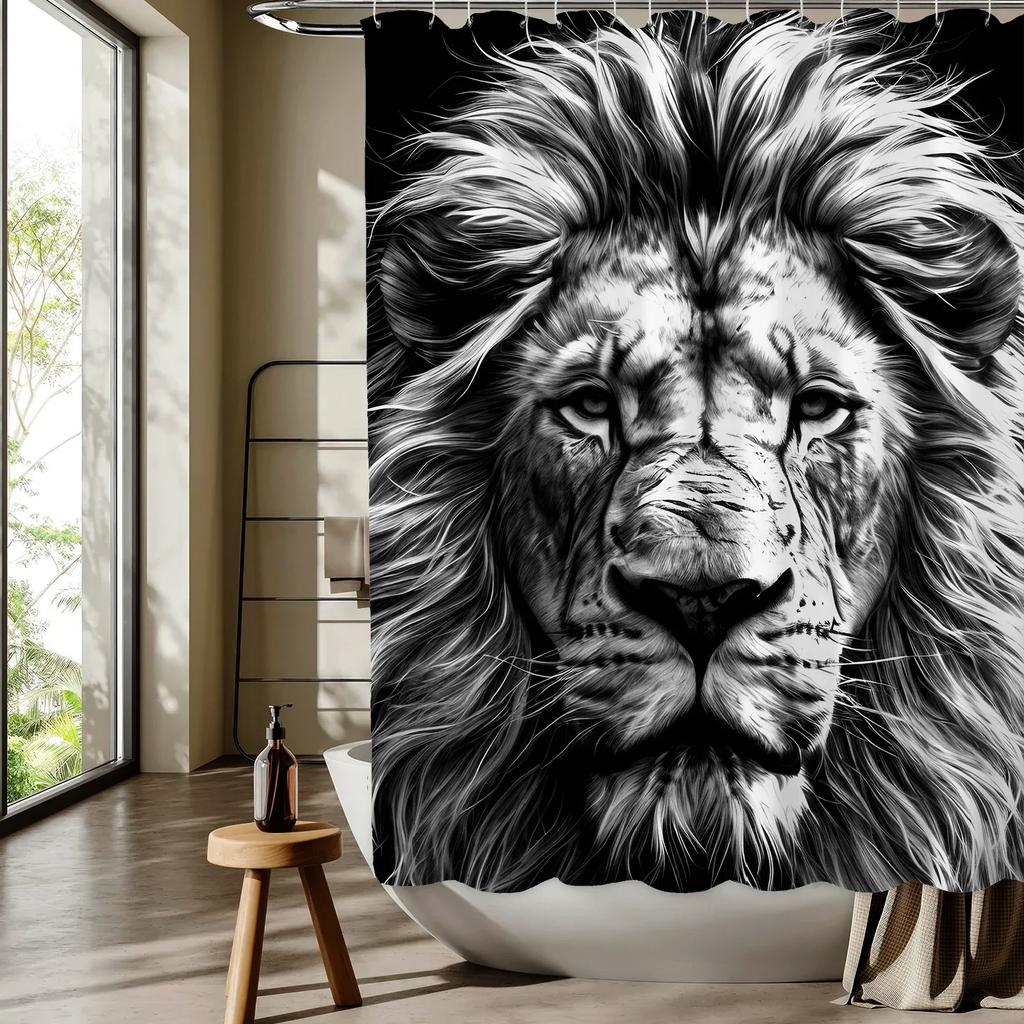 Lion motif digital print shower curtain