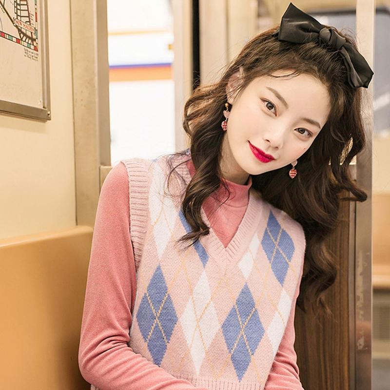 Sleeveless Pullover England Vintage Geometric Rhombic V Neck Knitted Sweater Vest Knitwear Lady Waistcoat Tops Women