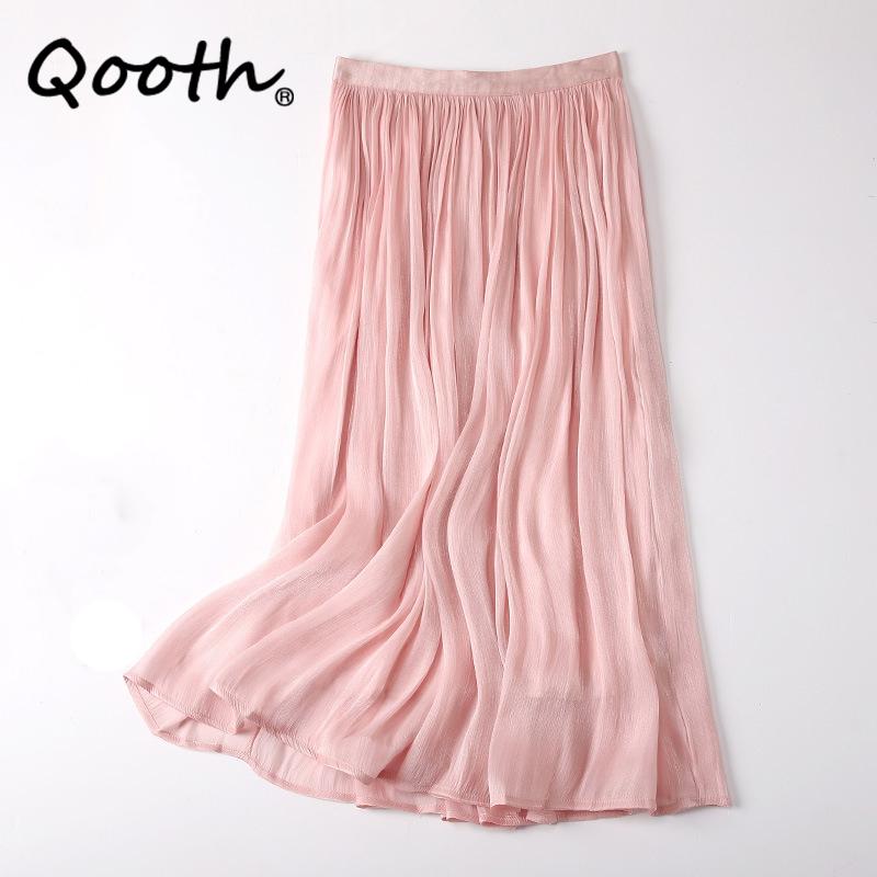 Qooth Women Gentle Solid Color Pleated Skirt Casual Elastic Waist Colorful A-line Skirt For Spring Summer QT2416