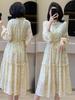 French Puff Sleeve Floral Chiffon Dress with Tie-Neck and Ruffle Collar, Slim-Fit Long Sleeve for Early Spring.