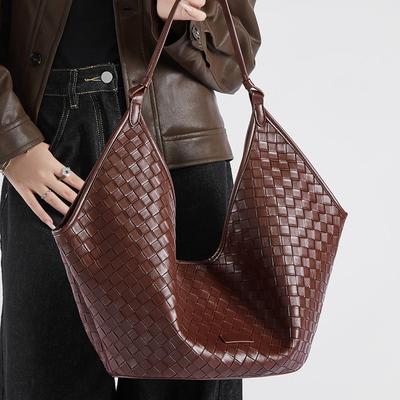 Webtasche aus Rindsleder für Damen, vielseitig, Diamantmuster, Pendler-Großtasche, echtes Leder, großes Fassungsvermögen, Schulter-Achseltasche