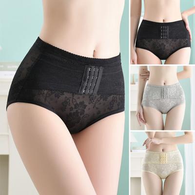 Women Panties See-through Mesh Tummy Control Solid Color Mid Waist Seamless