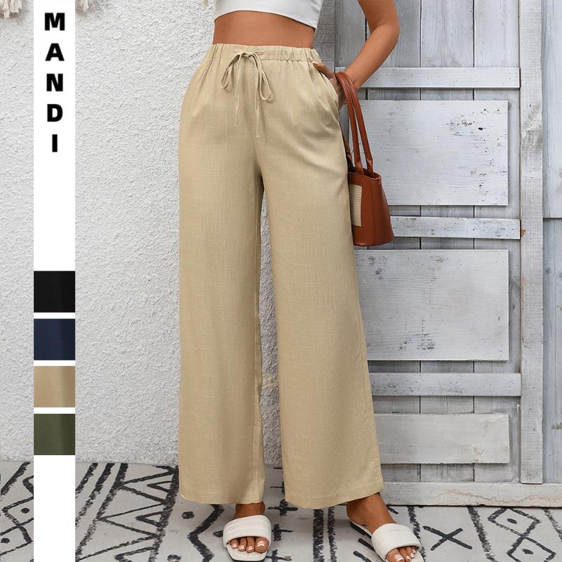 Women's Linen Blend Wide Leg Pants Elastic Waist Drawstring Casual Trousers