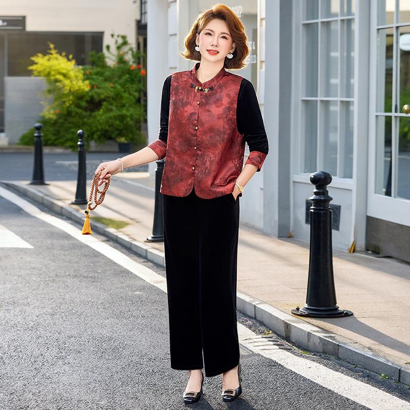Elegant Chinese Style Gold Velvet Three-Piece Vest Set for Women - Spring & Autumn Collection 2XL красный