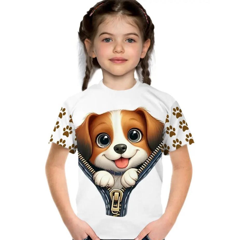 Kids T Shirts 2025 Summer New Girl's Stylish Cute Animal Play, Printed Pattern Round Neck Short Sleeve Tops