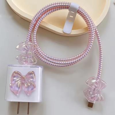 Copertura Protettiva per Cavo Caricatore con Fiocco Rosa 3D Per IPhone IPad Caricatore 18W 20W Nuovo Avvolgicavo a Spirale per Cavo Dati Protettivo