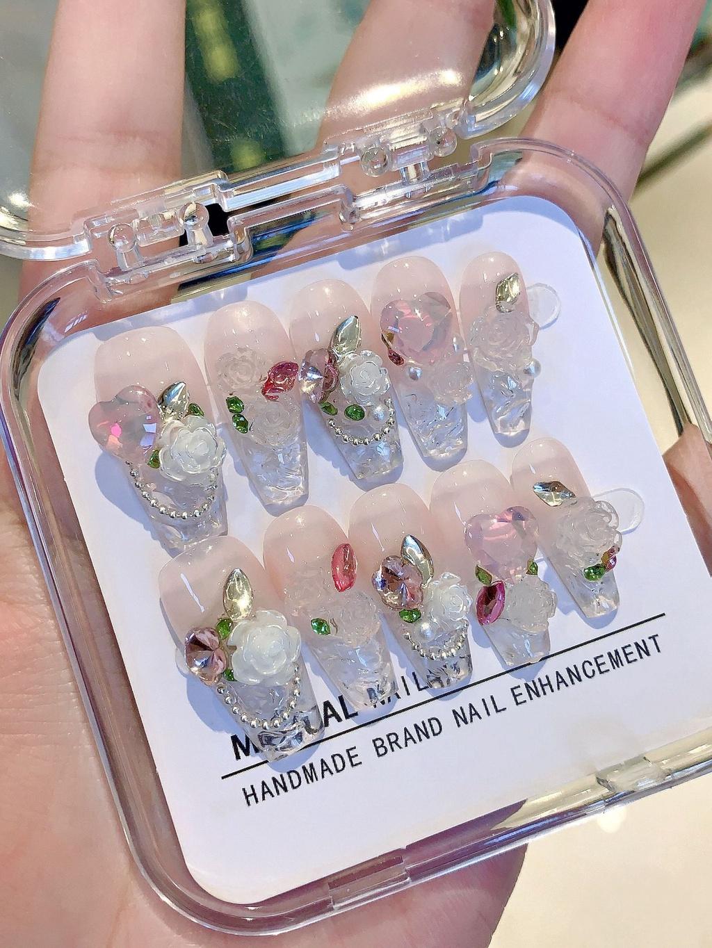 

Великолепные наклейки для ногтей с постепенным изменением цвета стекла, ручной работы, с узором «Лед», запечатанные розой M