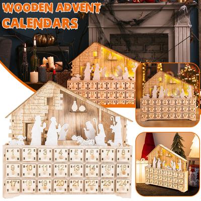 Calendario navideño de 24 días con cuenta regresiva y cajón de madera con luz, adorno decorativo para el hogar para niños, regalos iluminados, organizador de cajones para dulces.