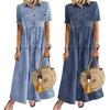Leisure Dress Turn Down Collar Single-breasted Short Sleeve Women Retro Long Loose Denim Dress for Daily Wear