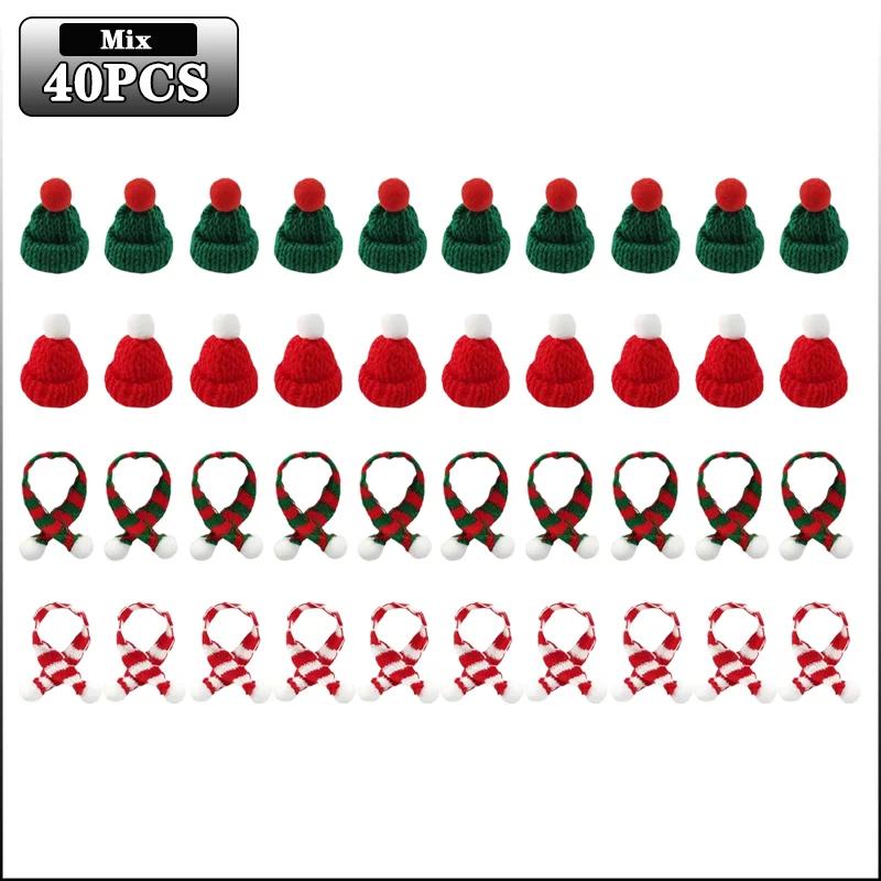 10-100PCS Mini Christmas Tree Ornaments Hats and Scarves Red Green Knit Yarn Pom Pom Holiday Hanging Decor Party Accessories