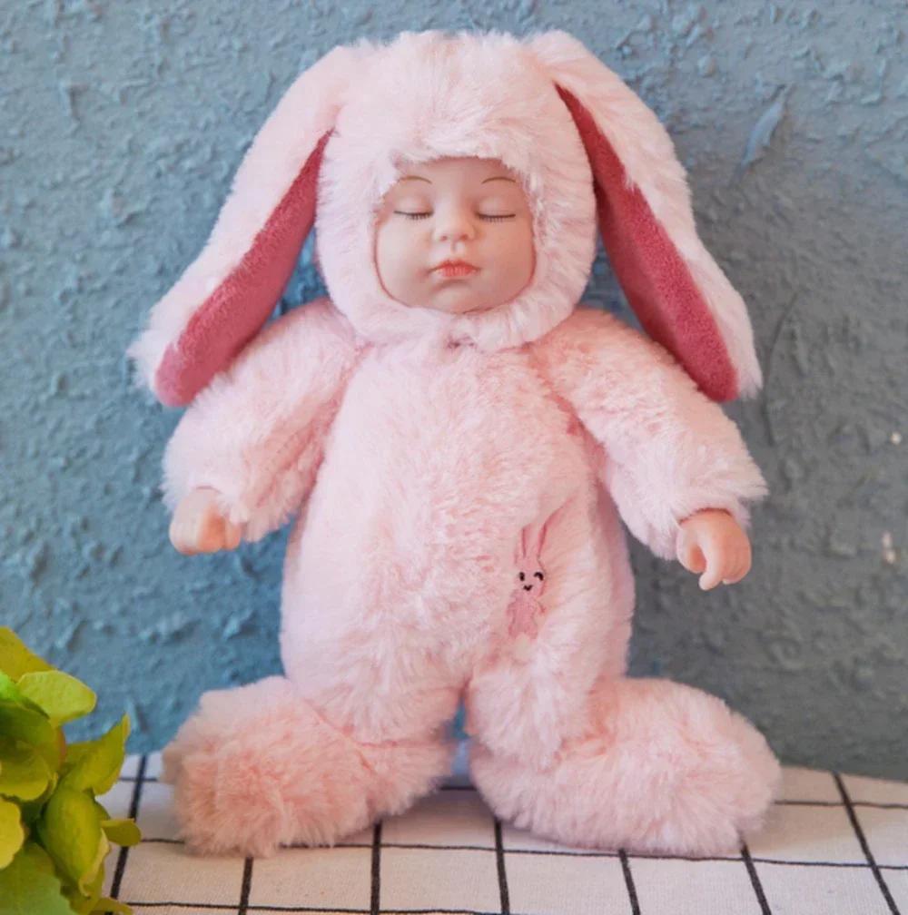 Soft Body Baby Doll Cute Sleeping Baby Dolls with Bunny Clothes Stuffed Toy Rabbit Animated Plush Plushie Birthday Gift for Kids