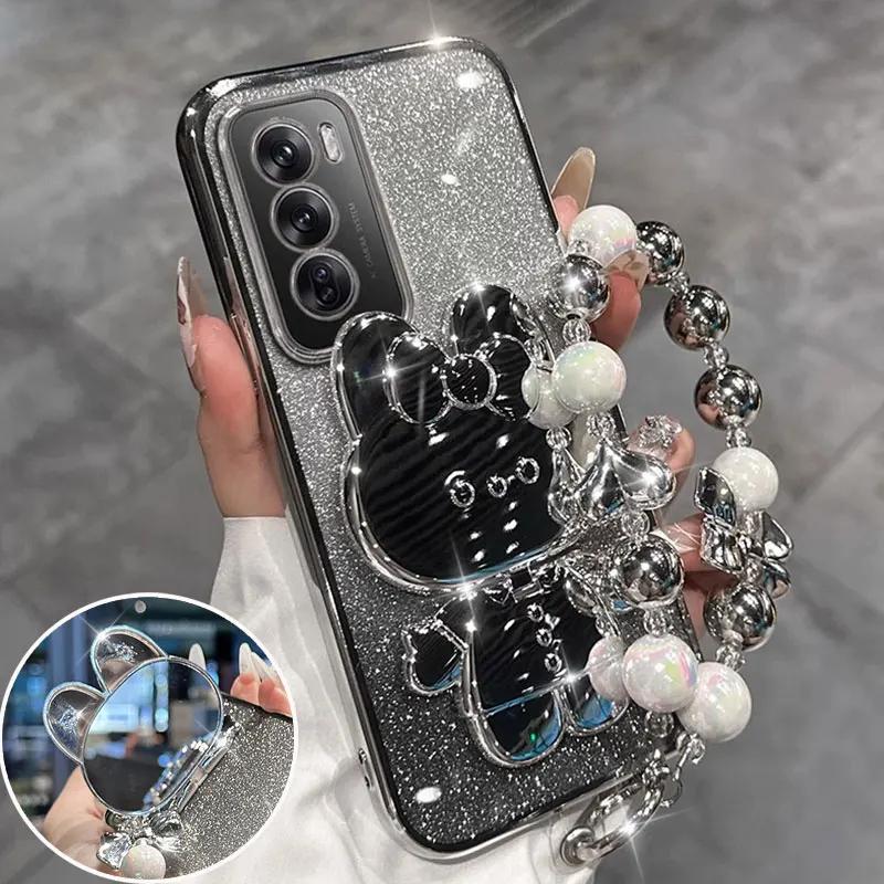 

Роскошный чехол-подставка для макияжного зеркала в виде кролика для OPPO Reno 13 F 12 11 Pro 10 7 A94 A78 A58 A74 A57 A54 A55 A38 A18 A16 A60 For OPPO A60 4G серебряный