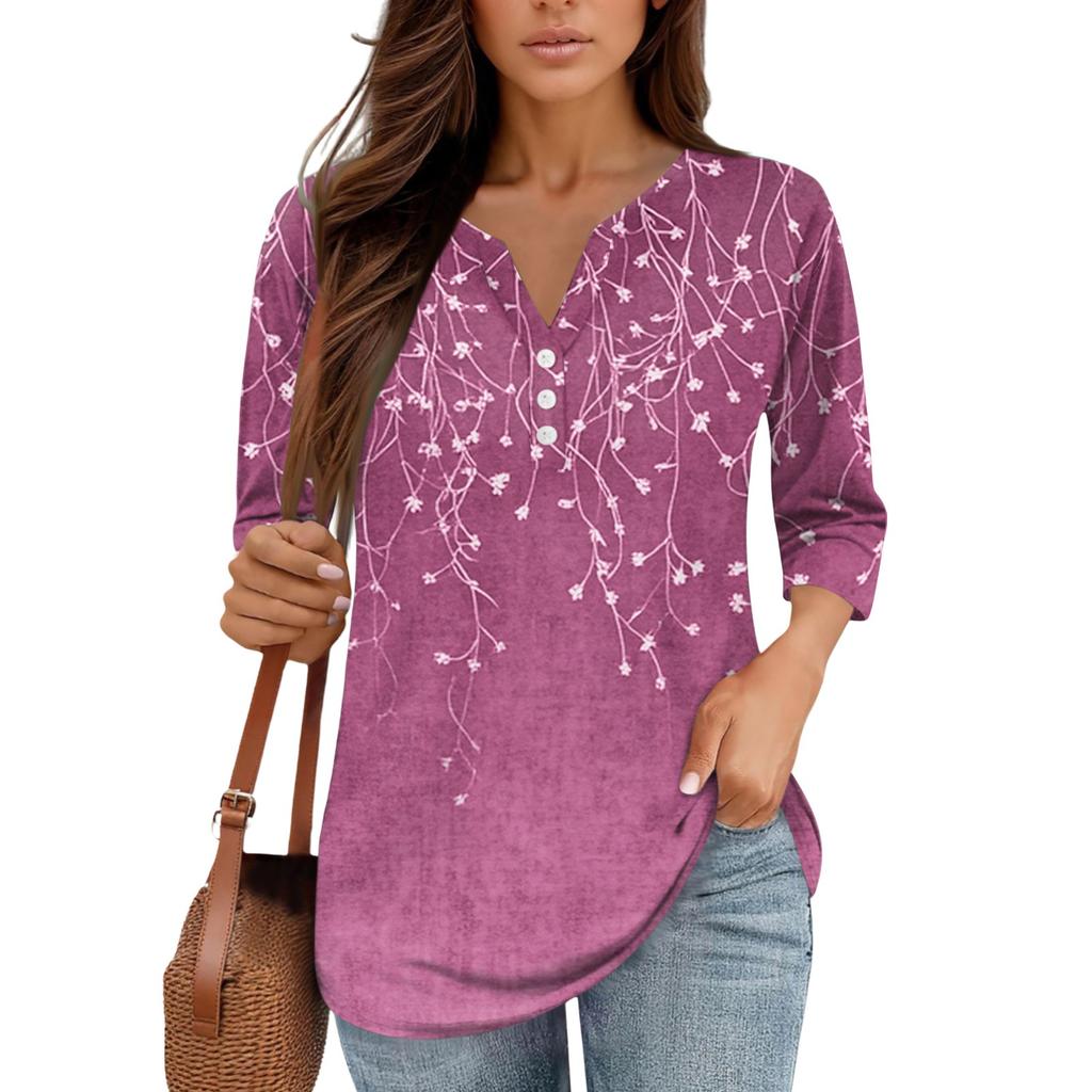 3/4 Length Sleeve Women's Tops Print Vintage Fashion Casual Loose With V Neck Plus Size Shirts Tops