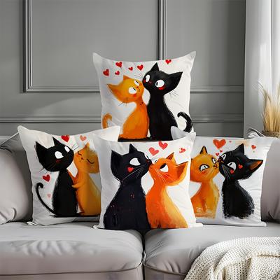 Cute Black Cat - Floral Pillow CoversLiving Room Sofa Cushion Cover, Soft and Comfortable, Bedroom Room Decoration