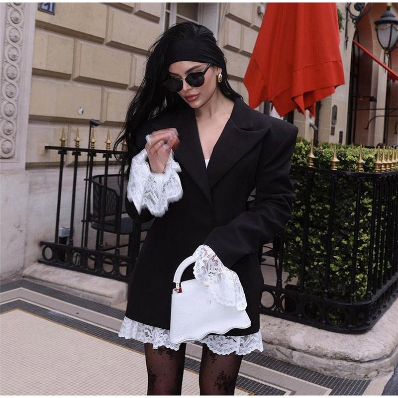 Women's Fashion Lace Patchwork Suit Collar Long Sleeved Dress Female Trendy Contrast Color Casual Party Dresses