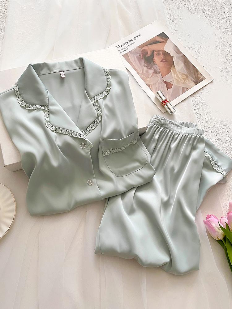 

Mulberry Silk Women s Short Sleeve Pajama Set - Lace, Long Pants, Solid Color, Spring/Summer Sleepwear Medium