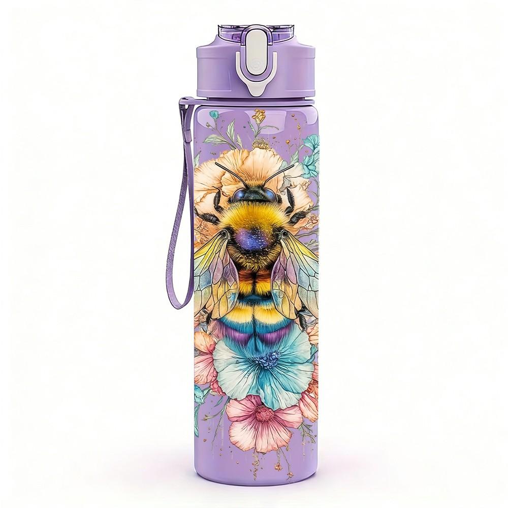 1PC Honey Bee Soft Floral Pastel Art Design 750ml Color Plastic Sports Water Bottle Leakproof Flip Straw Lid Suitable for Sports Office Home Use