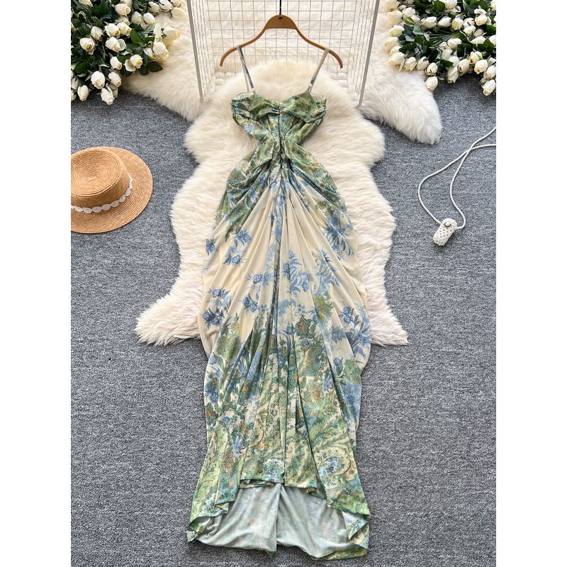 French Style Holiday Style Dress Women 2025 Summer Niche Design Sense Bustier Irregular Print Long Skirt