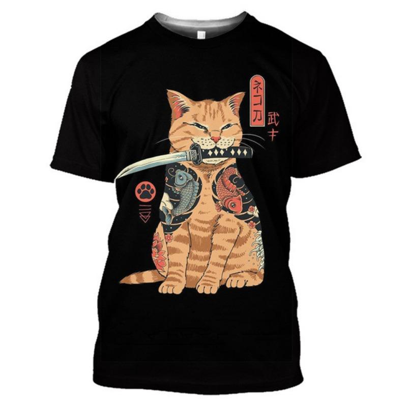 Trendy Summer Samurai Cat 3D Digital Printed Short Sleeved T-shirt for Men Women Shirt