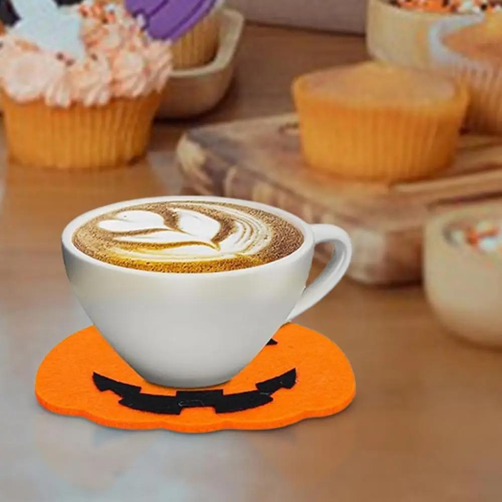 6 Pcs Orange Halloween Felt Pumpkin Coasters Non-Slip Halloween Decoration Cup Mats  Ghost Festival