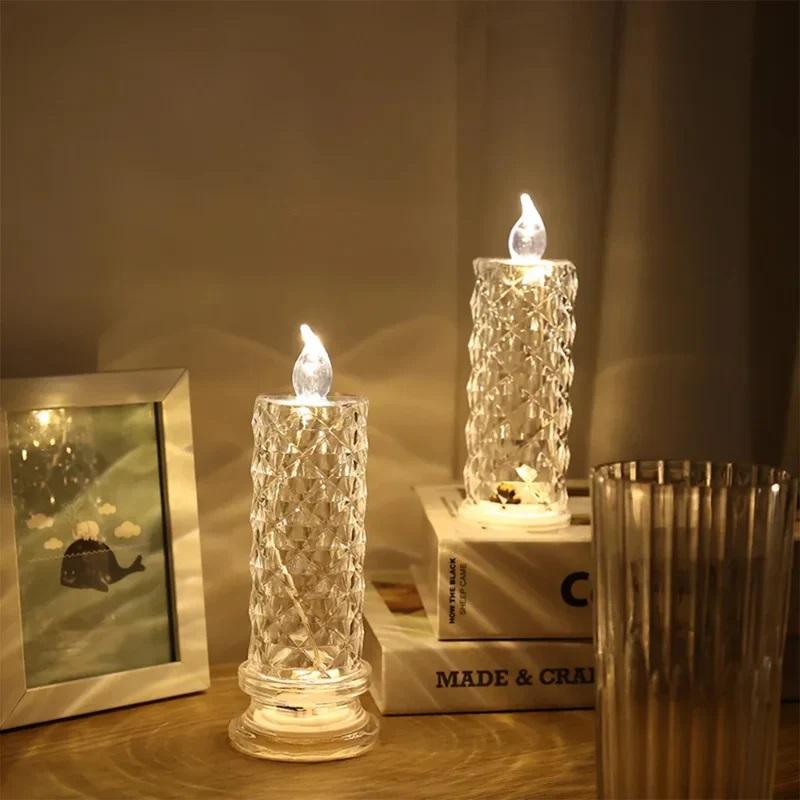 LED Crystal Candle Light Table Lamp Rose Projection Romantic Atmosphere Night Light for Bedroom Party Christmas Wedding Decorate