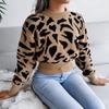 Women Autumn Winter Leopard Print Knitted Crop Sweater Long Sleeve O Neck Nipped Tops Sizes S to L