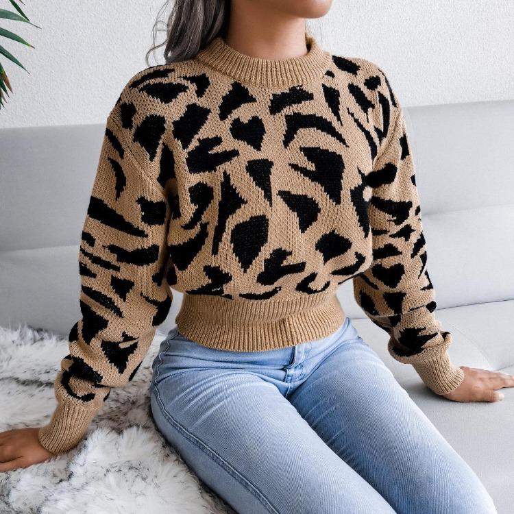 Women Autumn Winter Leopard Print Knitted Crop Sweater Long Sleeve O Neck Nipped Tops Sizes S to L