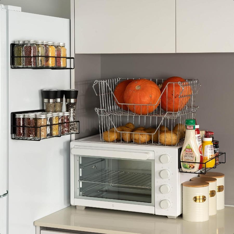 Strong Magnetic Spice Rack For Refrigerator Large Size Space Saving Organizer Durable Shelf for Oven Fridge 4 Pack Iron Black