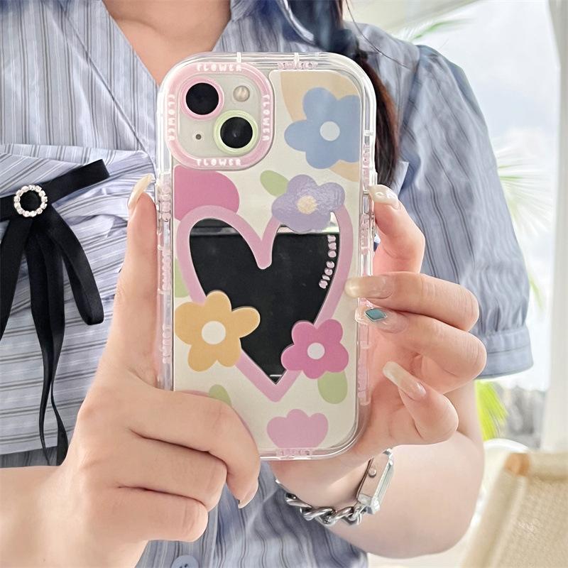 

Корейский чехол для телефона Sweet Love Heart Flowers Mirror для iPhone 14 13 12 11 15 Pro Max, симпатичная жесткая противоударная задняя крышка 16 разноцветный